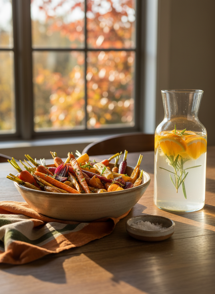 An elegant still life of a wooden dining table set for a simple, seasonal meal: a stoneware bowl filled with roasted root vegetables, a small dish of sea salt, a linen napkin in muted earth tones, and a glass carafe of infused water with floating citrus slices and herbs. The table sits beside a window framing soft autumn foliage outside. Late afternoon golden-hour light pours in, catching the edges of the glass and the sheen of olive oil on the vegetables. The mood is warm, grounded, and nourishing. Photographic realism, eye-level composition with shallow depth of field, keeping the food crisp and detailed while gently blurring the background for a sophisticated, cozy feel.