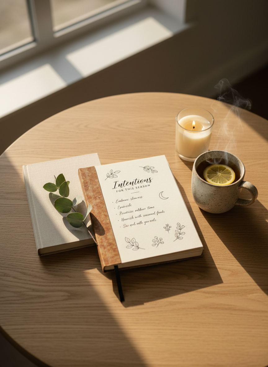 A beautifully styled flat lay of a seasonal wellness journal open to a page titled “Intentions for This Season,” with neat handwritten notes and delicate botanical sketches. Surrounding it are a linen-covered hardcover book, a sprig of eucalyptus, a ceramic mug of herbal tea with a slice of lemon, and a beeswax candle in a glass holder. Everything rests on a light oak table near a large window. Soft morning light streams in, casting gentle shadows and a warm, inviting glow. Photographic realism, shot from directly overhead with a sharp focus on the journal and a subtly blurred outer edge, creating a sophisticated, calm, and reflective atmosphere perfect for a lifestyle blog hero image.