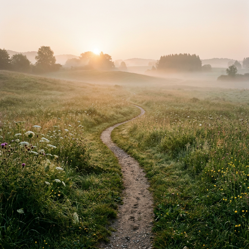 Winding dirt path through grassy field with wildflowers and morning mist