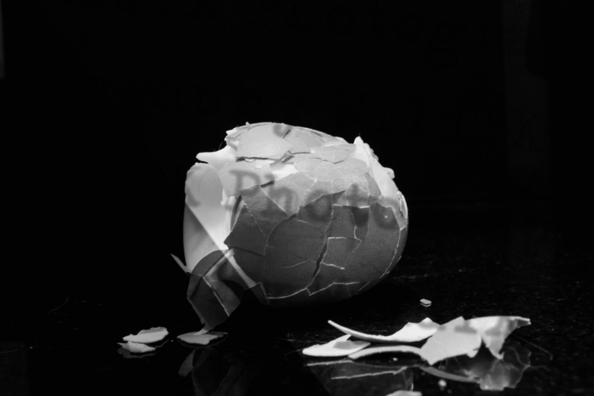 Black and white dramatic photo of a cracked eggshell on a dark reflective surface