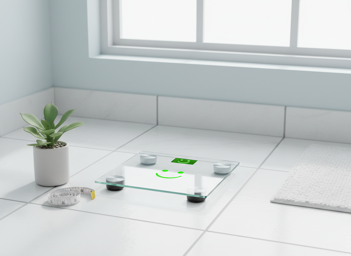 Bathroom scale representing weight loss progress and health tracking.