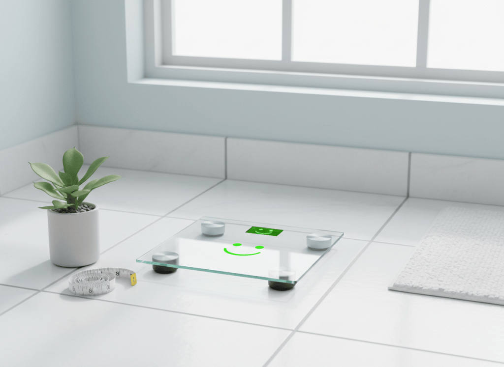 A clean modern bathroom scale on white tile floor, with a measuring tape and a small green plant nearby. Bright, airy, and encouraging rather than intimidating.