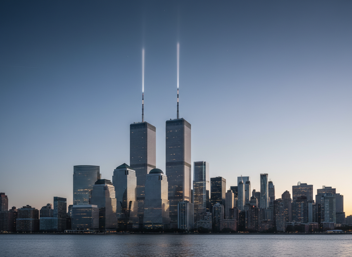 Tribute in Light beams rising above the New York City skyline in remembrance of September 11.
