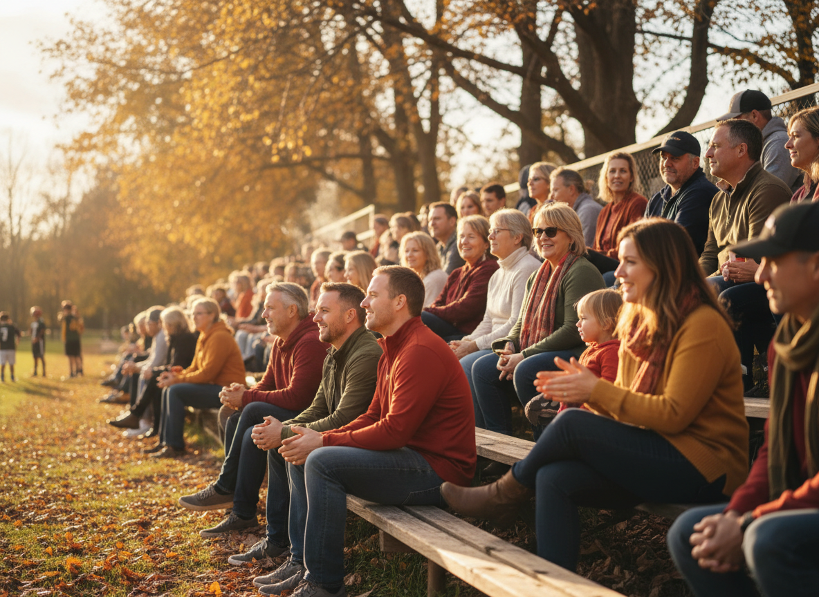 Multi-generational crowd sitting in stadium bleachers watching a fall sporting event, with golden autumn trees in the background