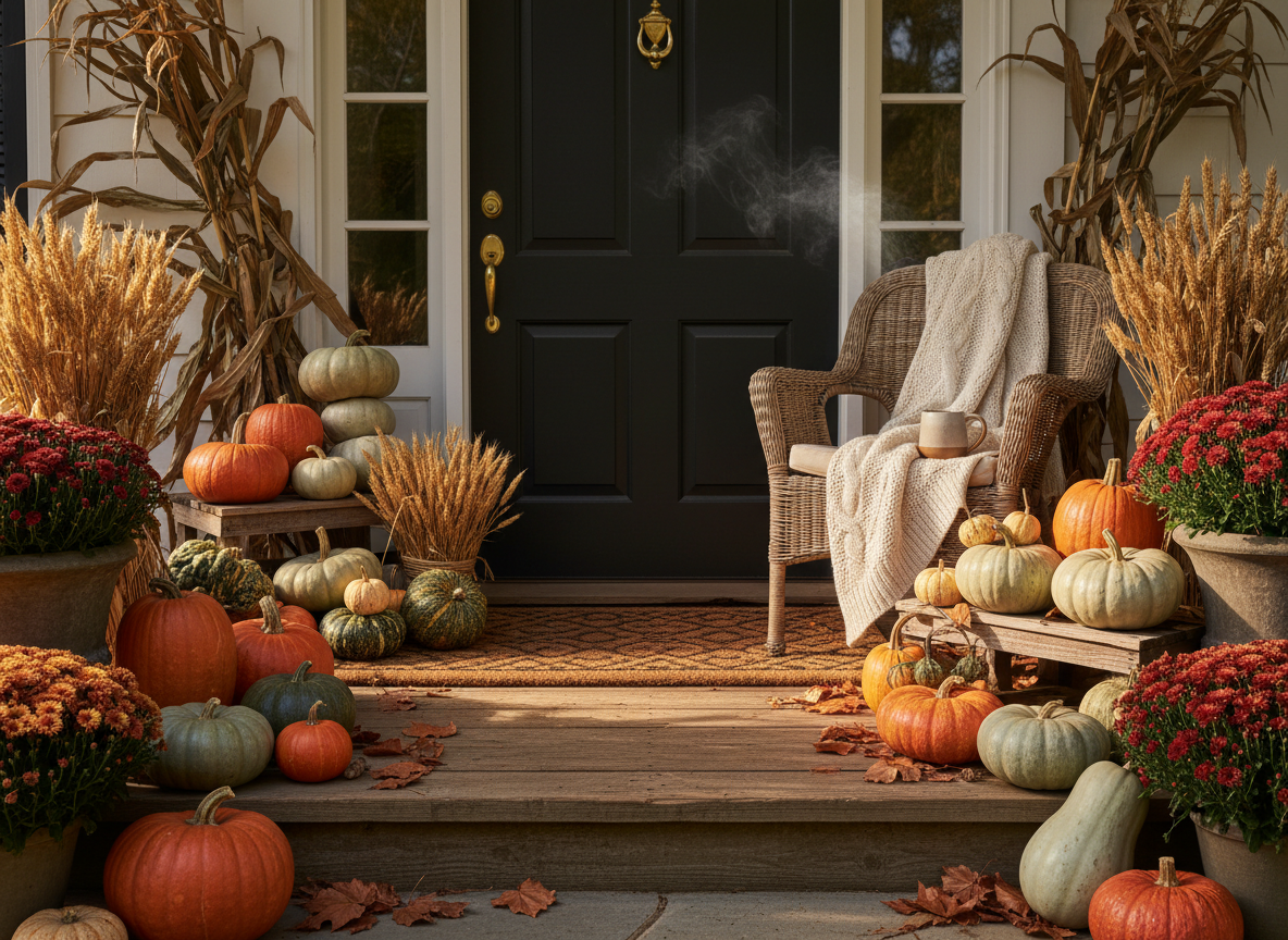 Heirloom pumpkins and gourds arranged on a rustic front porch in autumn light.