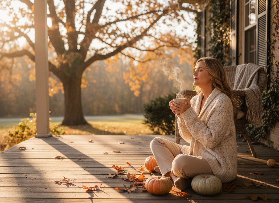 A woman over 50 enjoys coffee on a front porch in soft autumn morning light.
