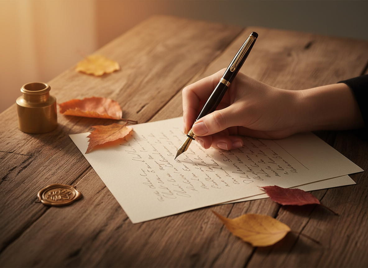 A close-up editorial photograph showing only a person's hand holding a pen and writing a heartfelt handwritten letter on cream stationery at a rustic wooden desk, warm soft autumn morning light, subtle seasonal tones, sophisticated lifestyle magazine aesthetic, no visible face, no readable text.